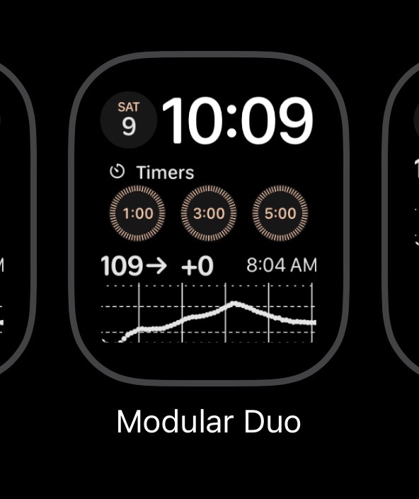 Apple Watch Modular Duo face showing the date, the time, three timers, and a Zukka complication reading 109 with a steady arrow, plus 0 change, updated 8:04 AM, above a glucose graph.