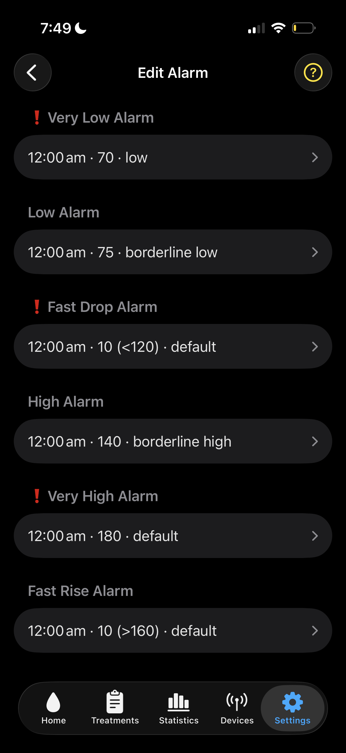 Zukka Edit Alarm screen showing Very Low 70, Low 75, Fast Drop 10 under 120, High 140, Very High 180, and Fast Rise 10 over 160, all starting at 12:00 am.