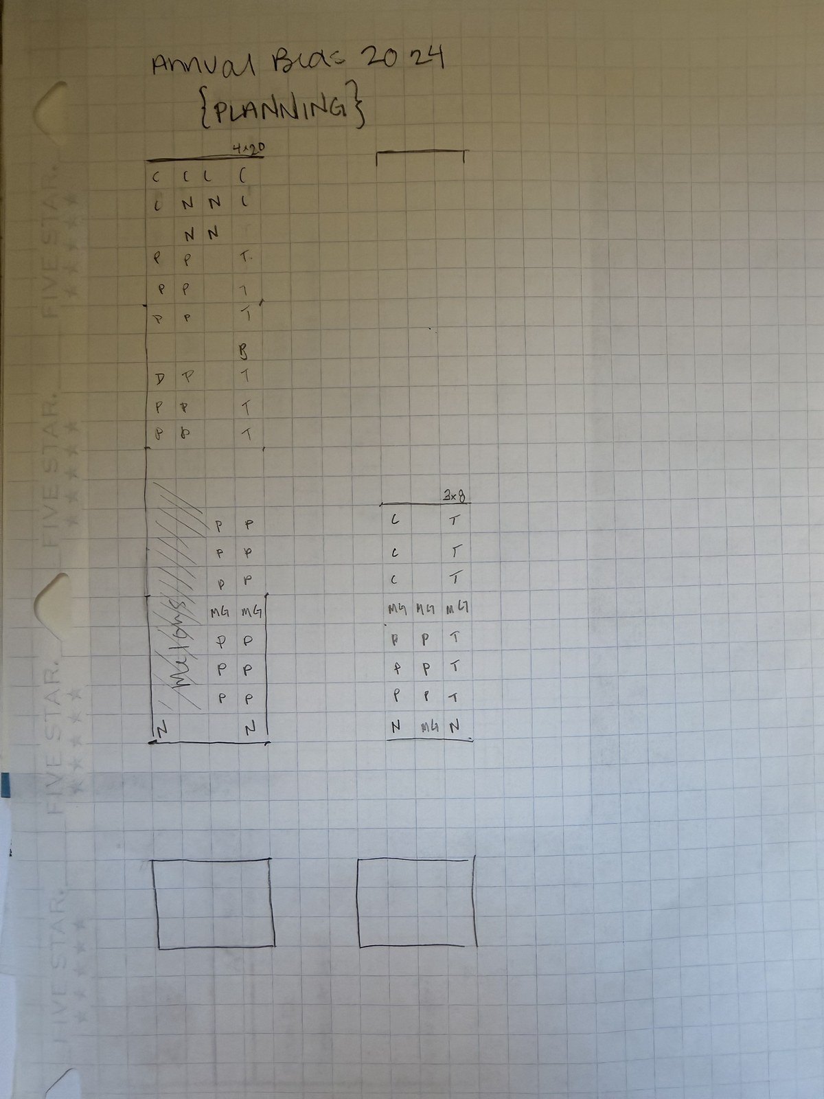 Haley’s hand-drawn “Annual Beds 2024 (planning)” sheet: a 4 by 20 bed with cucumbers and nasturtiums at the top, peppers down the left, tomatoes down the right, melons across the lower left, and a marigold row; and a 3 by 8 bed with cucumbers, tomatoes, marigolds, peppers, and nasturtiums.