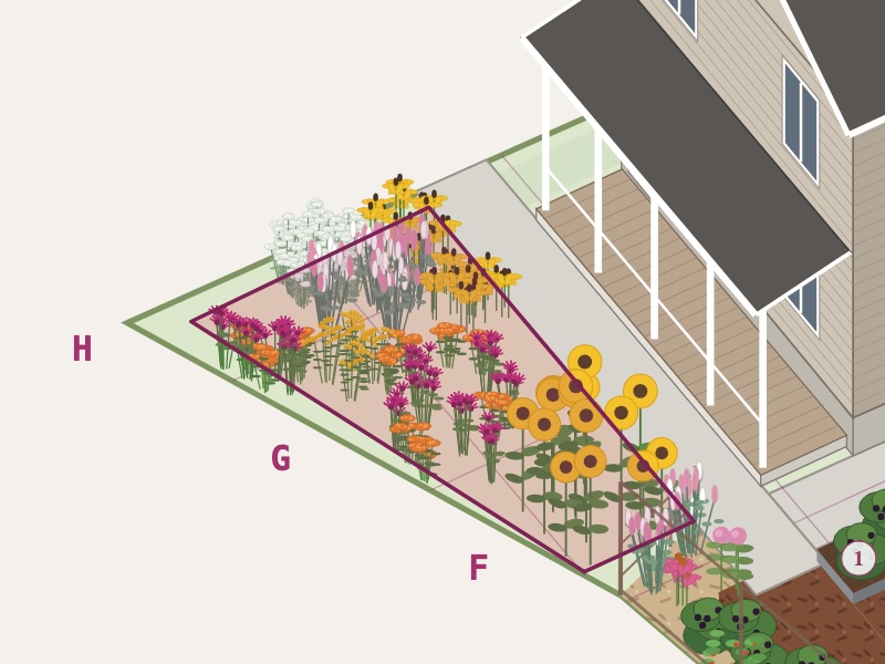 Front + side garden on the garden map