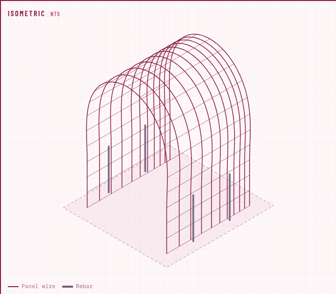 Isometric build drawing of a cattle-panel arch on pink grid paper